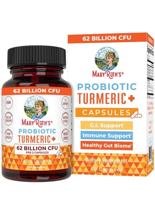 Probiotic Turmeric + Extra GI Support | 62 Billion CFU | Organic Ingredients Turmeric Complex with Probiotics | Turmeric Curcumin Capsules for Digestion | Vegan | 60 Count