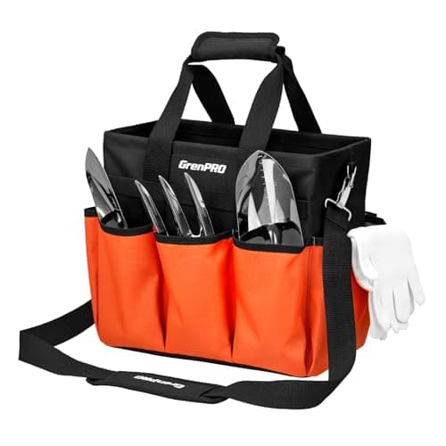 GRENPRO Garden Tool Bag Organizer, Heavy Duty Gardening Tote Toolbox with 10 Pockets, Adjustable Shoulder Strap, Standable & Foldable for Tool Storage, Home Garden Kit, Orange (Tools Not Included)