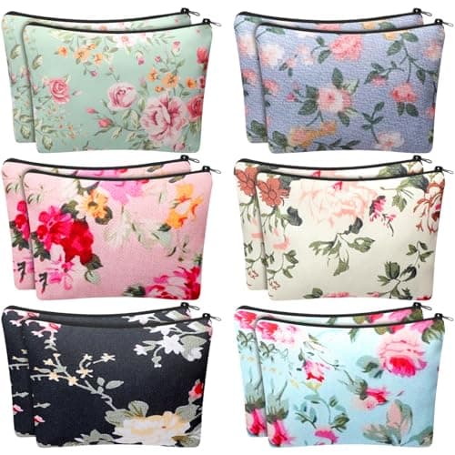 Sanwuta 12 Pcs Vintage Floral Cosmetic Bags Flower Canvas Makeup Bags Bulk Zipper Portable Botanical Floral Travel Toiletry Spring Birthday International Womens Day Gifts for Women Girls Mom Friend