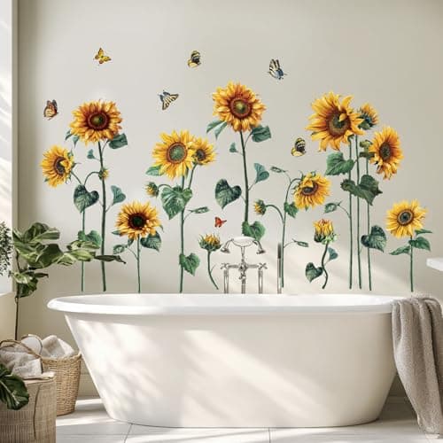 Watercolor Sunflower Wall Sticker Peel and Stick Flower Butterfly Wall Decal Vintage Floral Plant Wall Art Mural Green Leaf Wall Stickers for Living Room Bedroom Decor