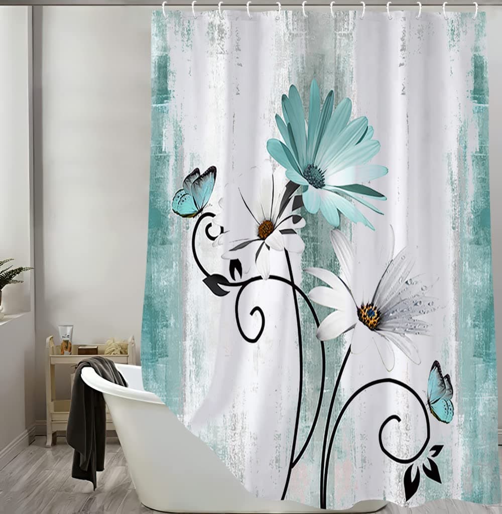 VeiVian Rustic Farmhouse Shower Curtain Farm Teal Daisy Floral Flowers and Butterfly on Country Wooden Shower Curtain for Bathroom Turquoise Blue Bathroom Shower Curtains with 12PCS Hooks 60X70IN