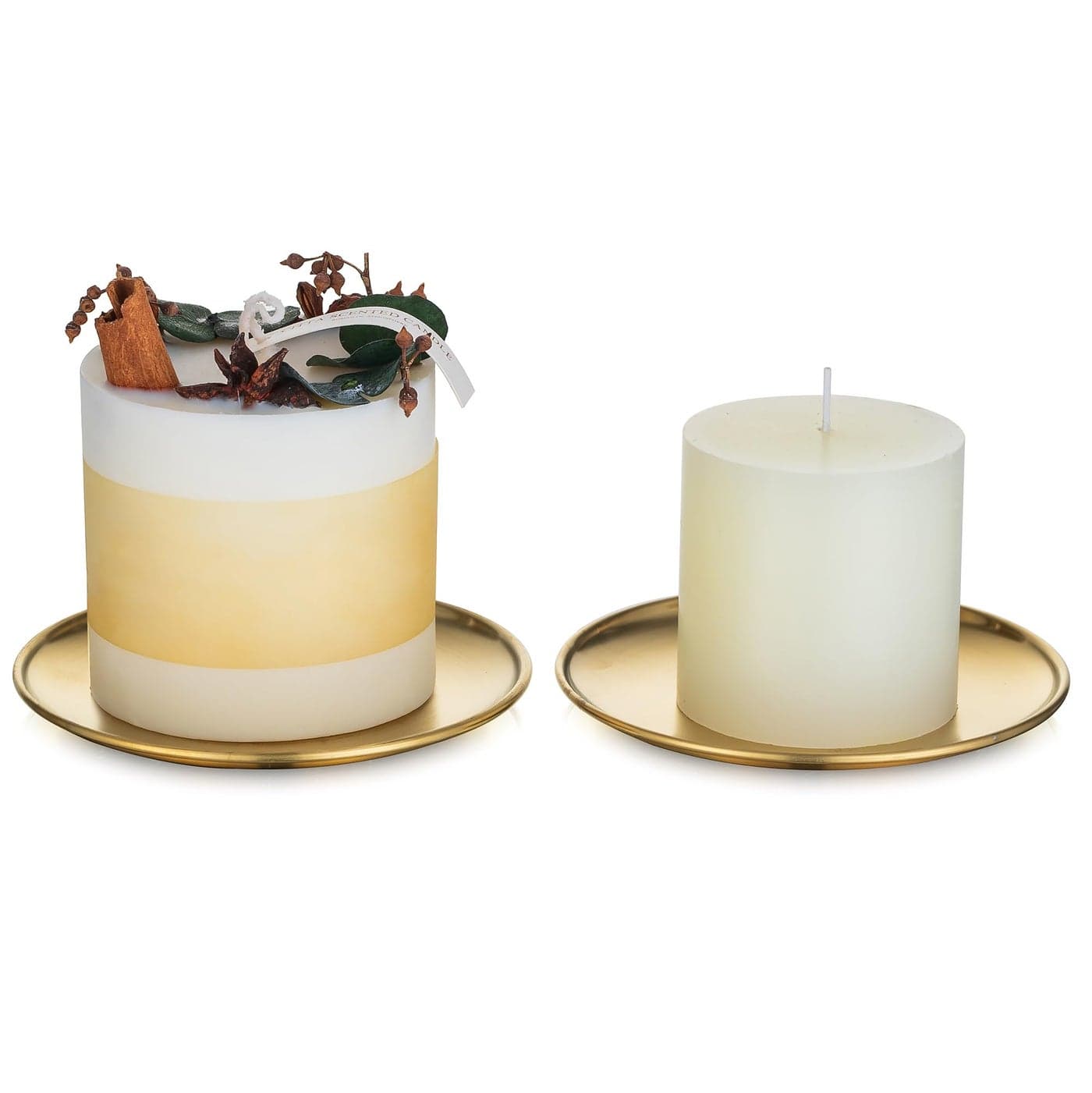 Romadedi Gold Pillar Candle Holders Decor 55 Inch Round Candle Tray Decorative Brass Metal Plate Candle Srand for 3 Wick Candles Jars for Coffee Table Countertop Home Decorations Set of 2