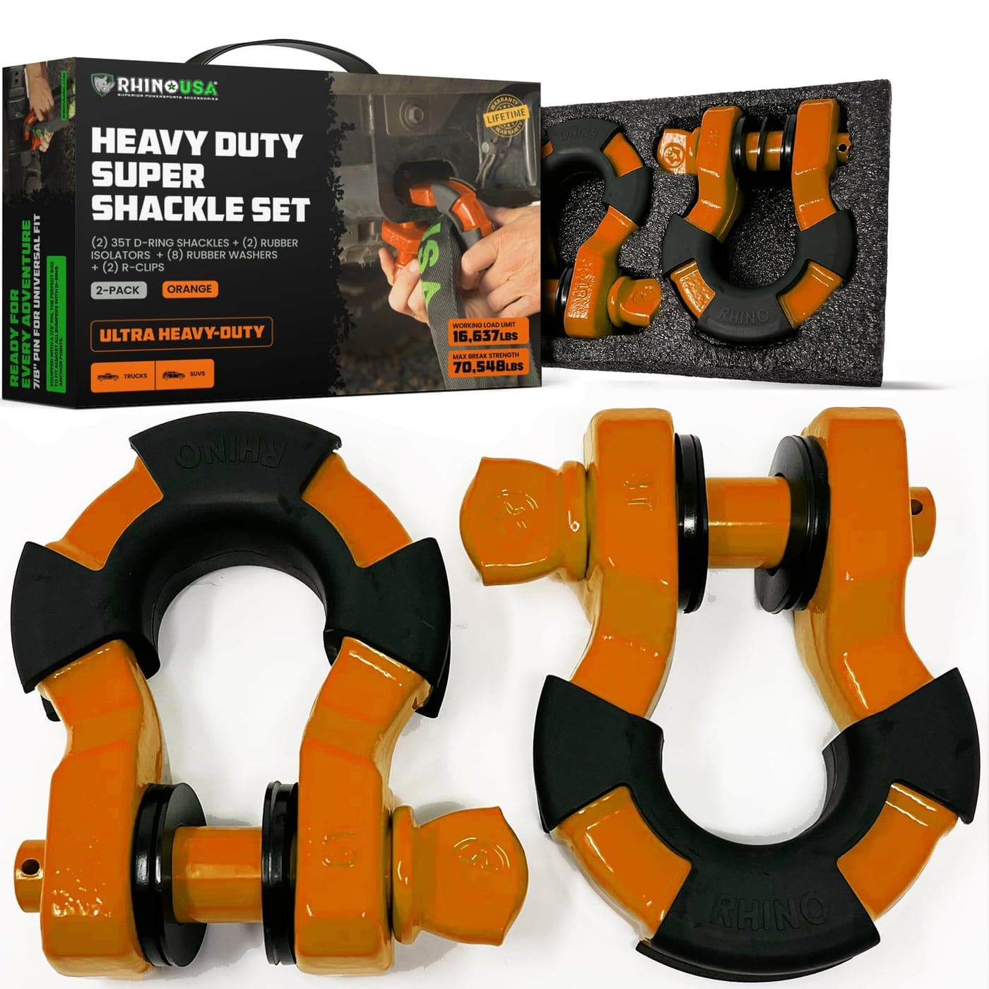 Rhino USA Super D Ring Shackles 2Pack 70548lb Break Strength Heavy Duty 34 Clevis Shackle with 78 Pin for Towing OffRoad Use Pairs with Tow Strap for Vehicle Recovery Orange