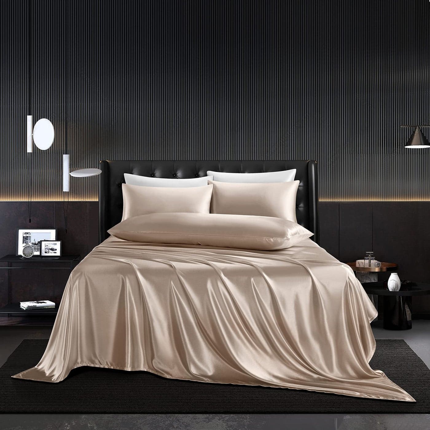 HommxJF 5Pcs Satin Sheets Set Full Size Sheets Taupe Sheets Silky Breathable Luxury Bedding Sheets with 1 Satin Flat Sheet1Deep Pocket Fitted Sheet3 Pillowcases
