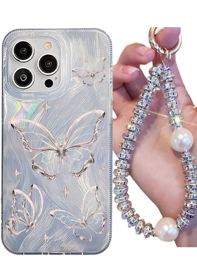 Case for iPhone 15 Pro Max with Cute erfly,Sparkly Pearl Wrist Strap,Bling Shockproof iPhone 15 Pro Max Cover,Portable iPhone Cover for WomenGirls Gift