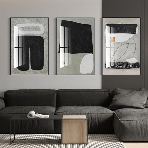 QKF Bright Minimalist Abstract Framed Wall Art, Black Grey White Light Green Geometric Artworks Suitable for Living Room, Bedroom, Office Mural Decoration, 16 "X 24" 3-Piece Poster Print Set
