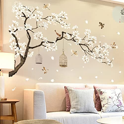 BWCXXZH Large White Flower Wall Stickers 50x74 Removable DIY Romantic Cherry Blossom Tree Wall Murals Peel and Stick 3D Wall Art Stickers Home Decor for Gilrs Bedroom Nursery Rooms Living Room