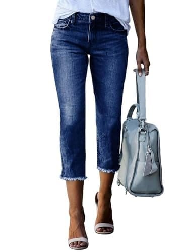 Sidefeel Women's Jeans Capri Pants Trendy 2025 High Waisted Stretchy Straight Leg Raw Hem Capri Jeans Blue Size 6