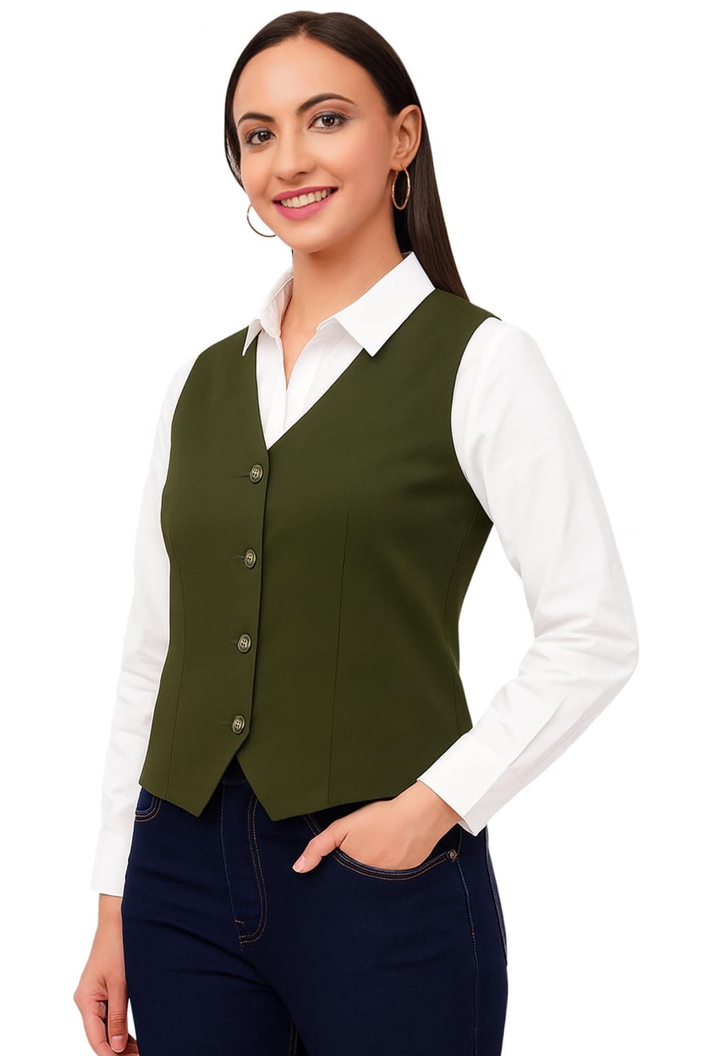 SaintX Women's Solid V-Neck Waistcoat, Full Back Design, Button Closure, Tailored Slim Fit, Elegant Outerwear for Casual & Formal Occasions