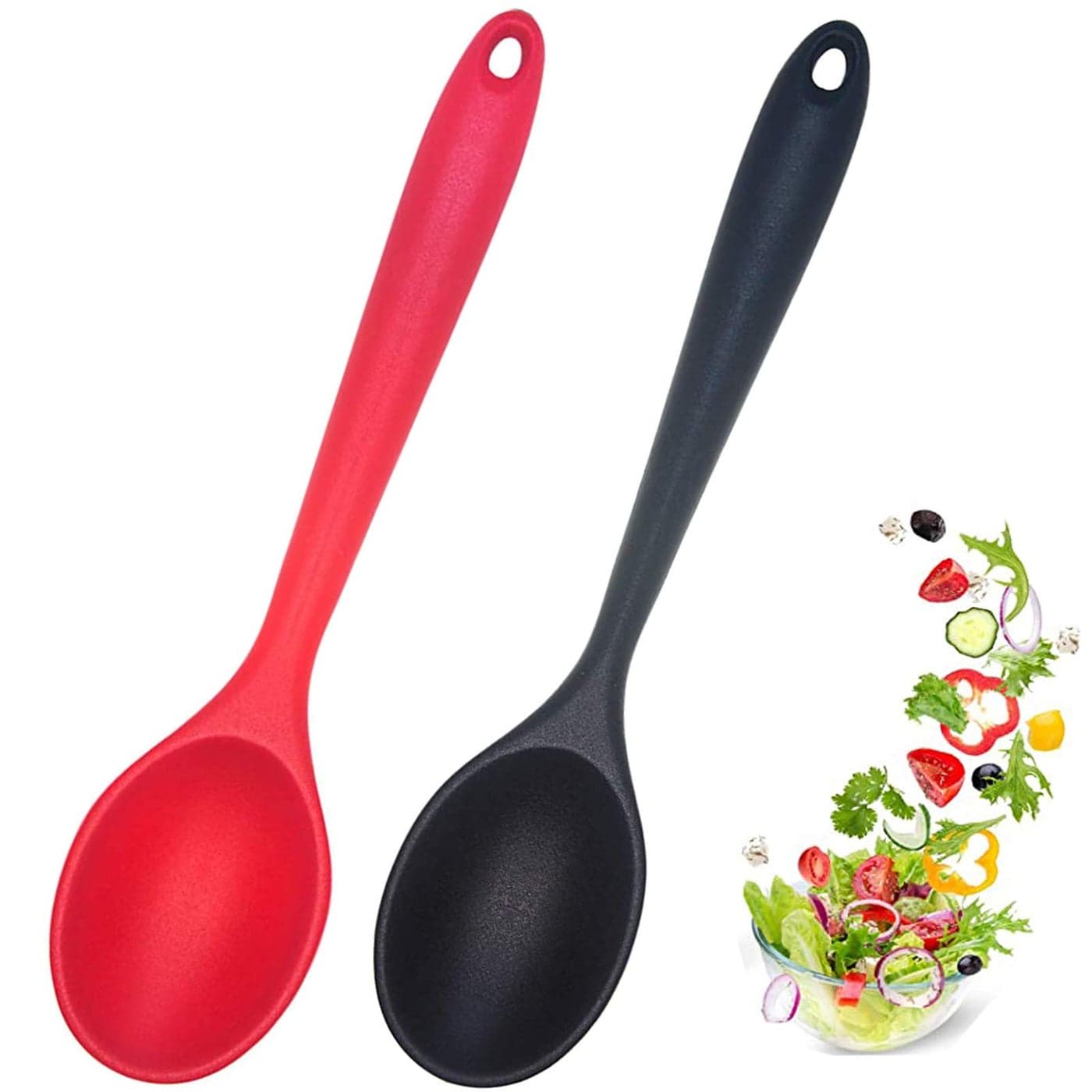 2 Pcs Silicone Nonstick Mixing Spoon Silicone Spoons for Cooking Heat Resistant Cooking Utensil for Kitchen Cooking Baking Stirring Serving RedBlack