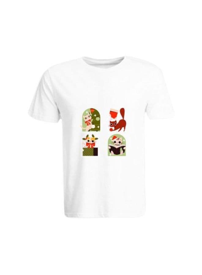 Holiday Themed Printed (White) Cotton T-shirt (Cats) Unisex Personalized Round Neck T-shirt (XL)-Set of 1 pc-190 GSM