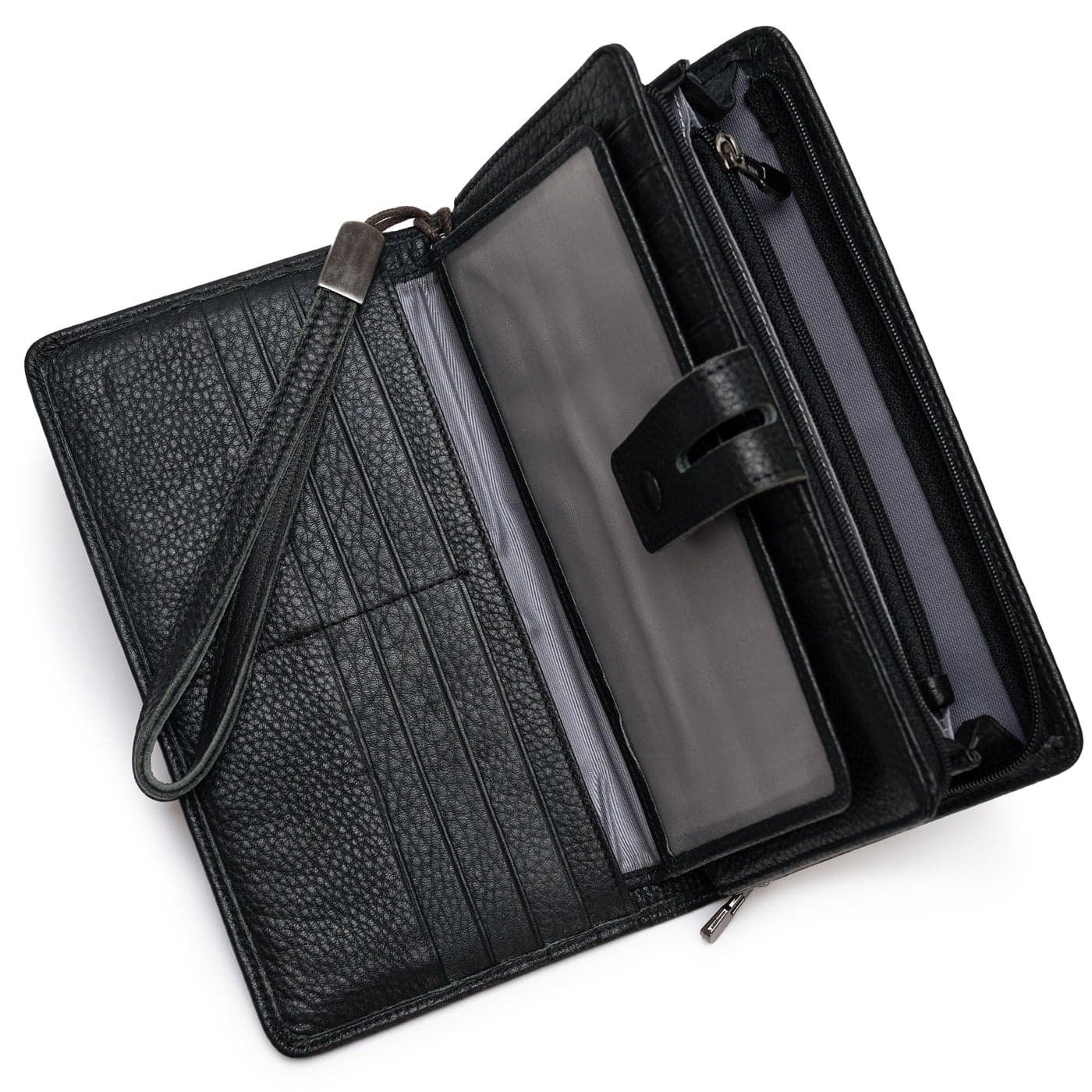 Bveyzi Womens Big Fat Rfid Leather Wristlet Wallet Organizer Large Phone Checkbook Holder with Zipper Pocket Black