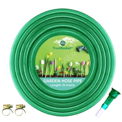 TrustBasket Hose Pipe (15 Meter) | Pipe for garden with tap adapter & 3 clamps (1/2 inch pipe)- Easy to Connect for Home Gardening, lawn, Car Wash