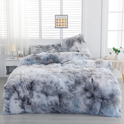 chovy Faux Fur Tie-Dyed Black White Gray Colorful Comforter Sets Queen - 3PC Bed Set Ultra Soft Plush Flannel Velvet Fluffy Fuzzy Bedding(Comforter x 1 Pillowcases x 2)