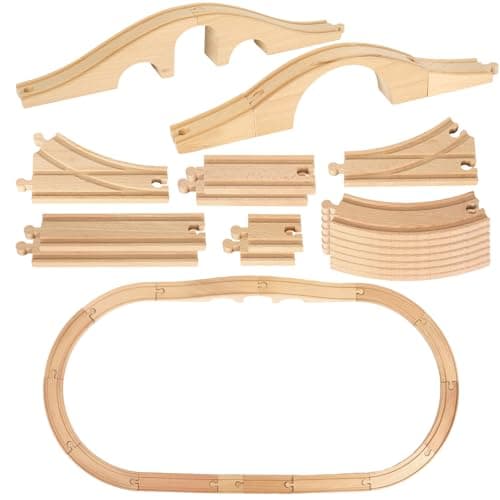 JarThenaAMCS 24Pcs Wood Train Track Expansion Set Wooden Train Track Connectors Adapters Train Bridges Straight Tracks Accessories for Most Major Toy Trains Railway