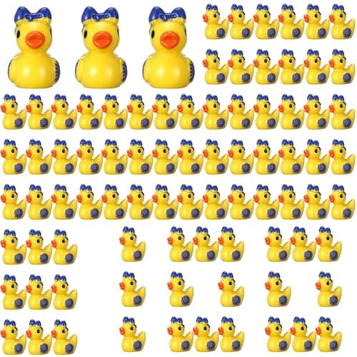Geelin Pcs Mini Resin Cheer Ducks Gifts Bulk Tiny Duck Figurines with Bows and Pom Pom for Cheerleader Team Gift DIY Craft DecorationBlue
