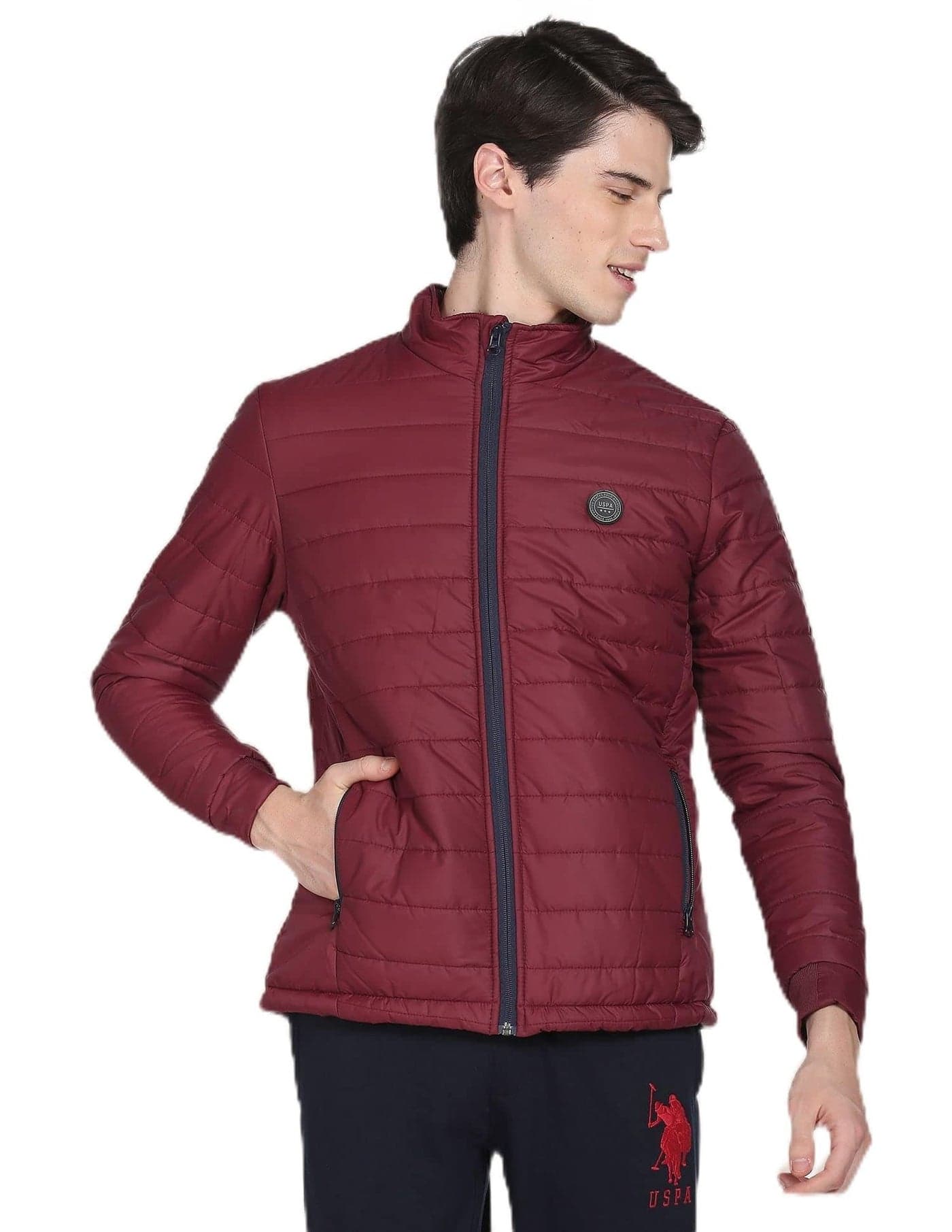 U.S. Polo Assn. Men Wine High Neck Solid Polyester Padded Jacket