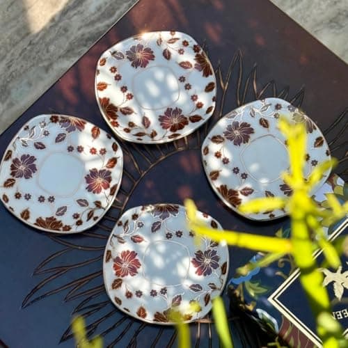 GOLDEN QUEEN'S Ceramic Coaster Set of 6 | Perfect for use with Tea & Coffee Cups | Serve Small Bites, Tabletop Decor Accessories | Stain Proof and Premium Finish | 3.5 inches Wide - Gold Botanicals