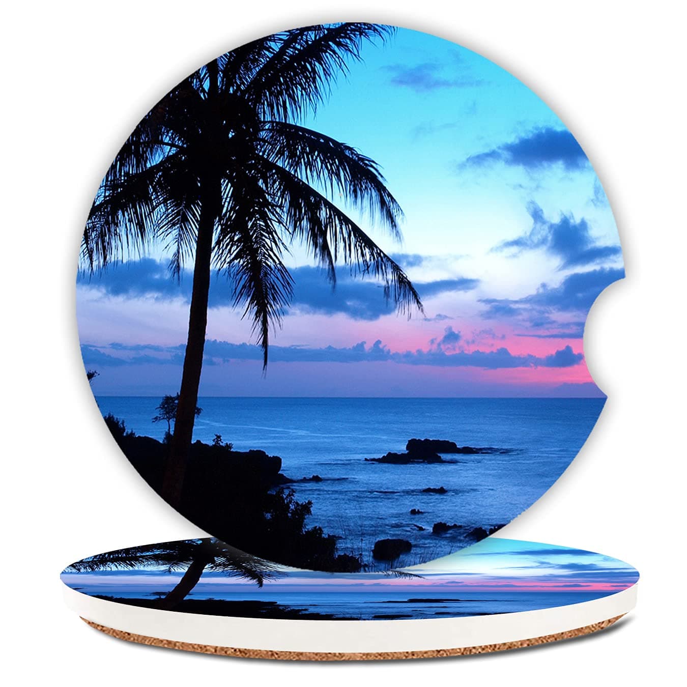 Ceramic Cup Holders Car Coasters for WomenMenAbsorbent Drink Cup Car Holder Coasters with A Finger Notch 256 Pack of 2Tropical Ocean Beach Scene with Palm Trees
