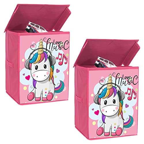 PrettyKrafts Foldable Storage Box with Lids,Large Fabric Storage Cube Toy Boxes Basket with 2 Handles for Wardrobe, Shelf Bedroom Office Nursery Playroom Toys 30 x 30 x 30 cm Set of 2-Pink