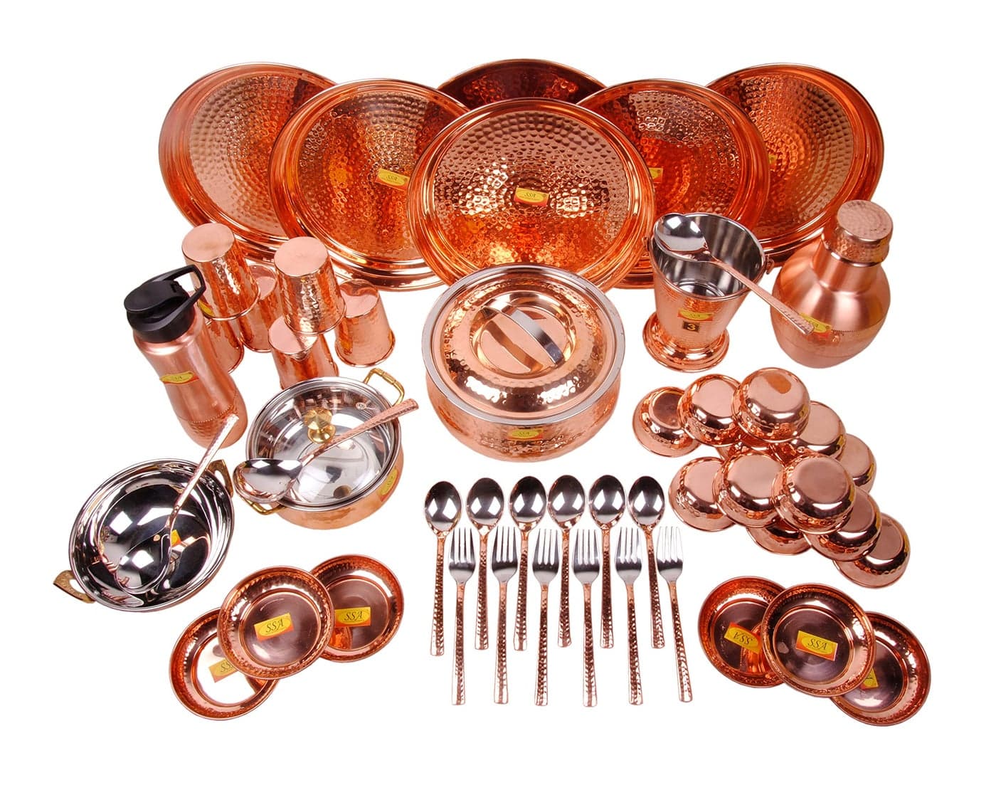 SHIV SHAKTI ARTS Pure Copper Solid Dinner Set- 51 Pieces- Designer- (Hammer, Brown)