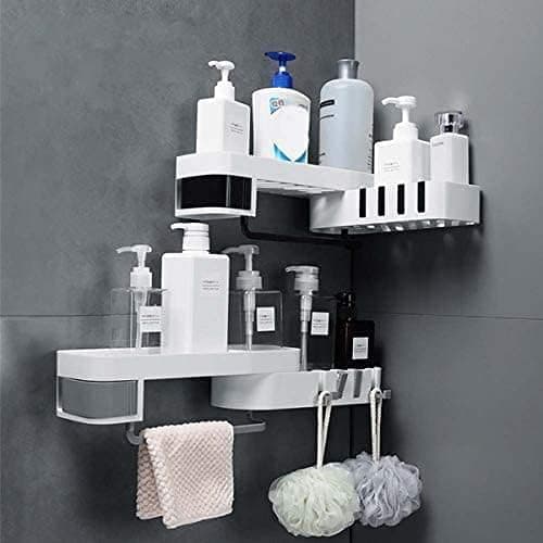 Multi Use Wall Mounted Bathroom Shelf Organizer Storage SelfAdhesive Plastic Bathroom Rack Storage Shelves Bathroom ShelfShelves with Hidden Hooks Storage Rack Corner Pake of 1