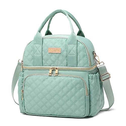 AIJIEKE Large Insulated Lunch Bag for Women Double Compartment Leakproof Lunch Box for Work Office Reusable Cooler Tote with Adjustable Strap Side Pockets for Adults Picnic Beach Green