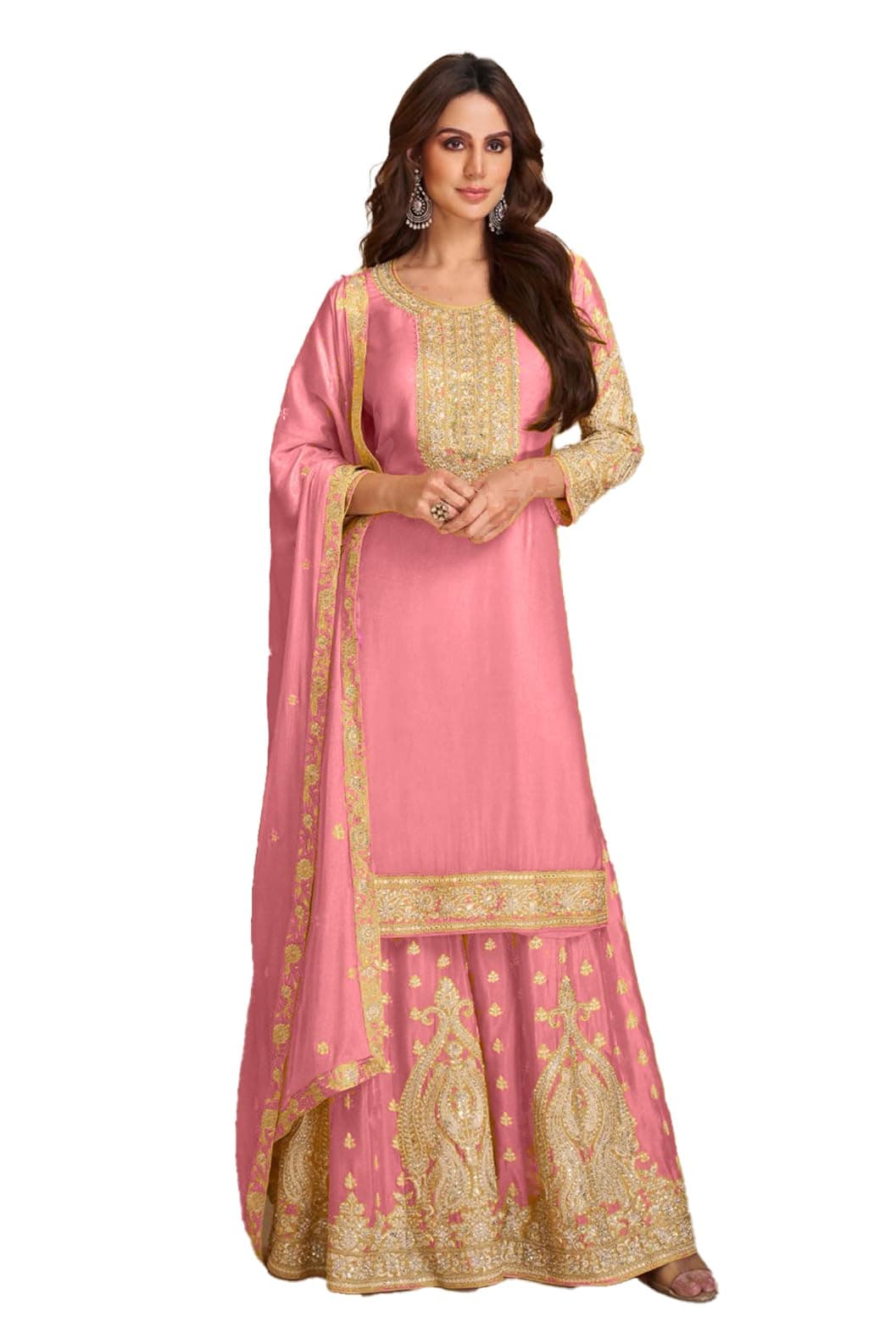 Miss Ethnik Women's Pink Georgette Stitched Top With Georgette Dupatta Full Sleeve Embroidered Straight Kurta (ME-1216-Pink-XL)
