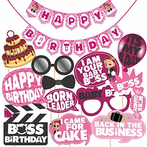 WOBBOX Happy Birthday Baby Boss Theme Party Props Pink Color with Different Pattern Background Pink Color Font Bunting Banner Combo, Birthday Party Deocration Items, Party Decoration Item (13 Pcs)