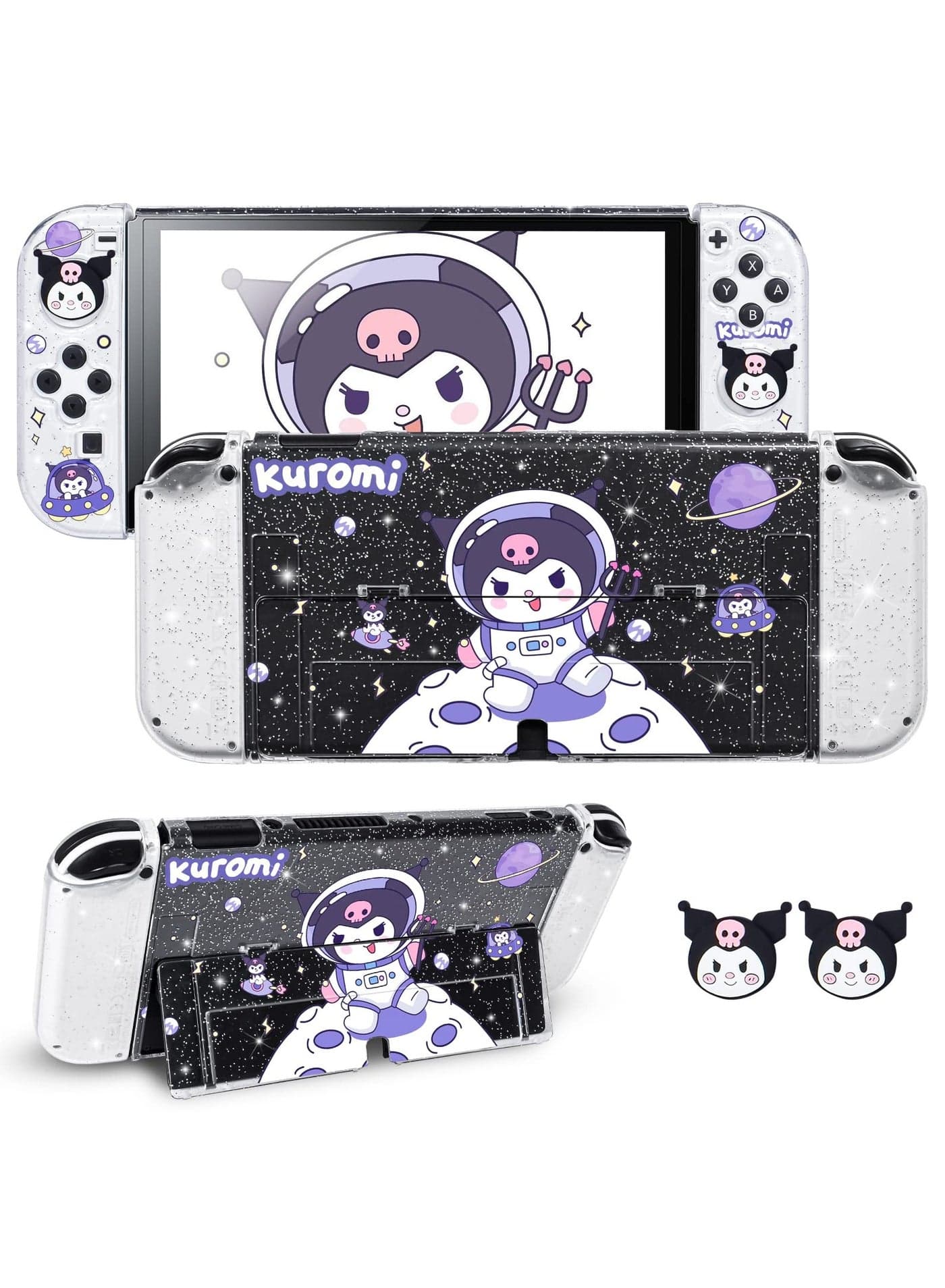 Cartoon Clear Glitter Protective Case for Nintendo Switch OLED Dockable Anti-Scratch Hard Shell TPU Joy-Con Cover with 2 Pieces Cute Joystick Cover Accessories