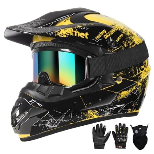 SPARK Dirt Bike Helmets Kids Motorcycle Helmet Youth ATV Motocross Full Face Men Women Off-Road Mountain Bike Helmet Adult with(Gloves Goggles Mask) DOT Approved 4Pcs Set (Yellow, Large)
