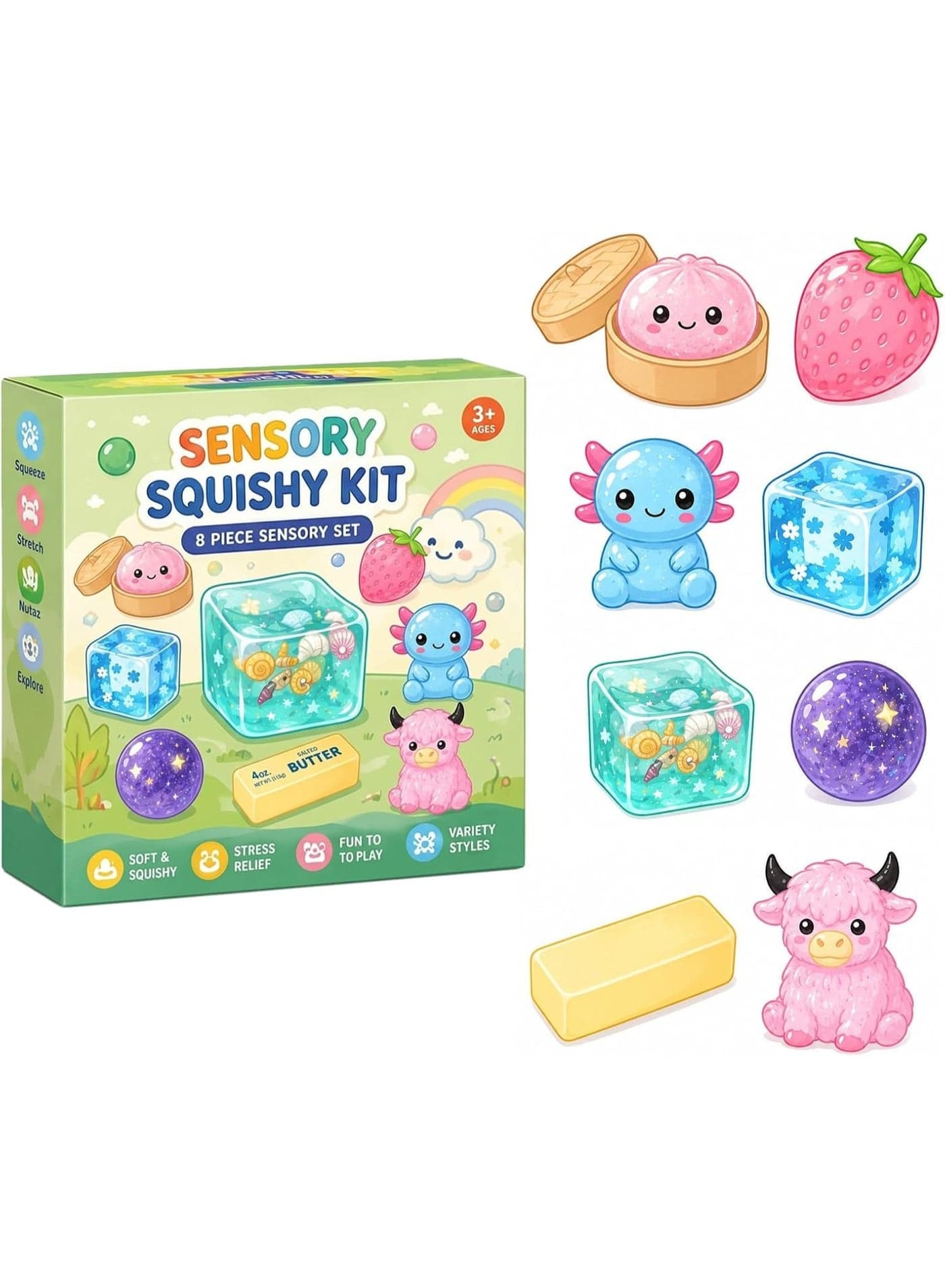 8 Pcs Pink Mystery Squishy Sensory Box - Cute Mini Squishies Fidget Toys Set, Adorable Stress Relief Desktop Soft Squeeze Toys, Birthday Party Favors Surprise Box Gift Pack for Girls Kids Adults