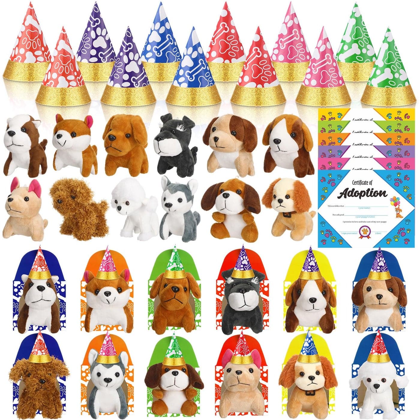 Gejoy 48 Pcs Adopt a Puppy Supplies Include 12 Mini Plush Dog 12 Birthday Hats 12 Puppy Adoption Certificate 12 Kraft Boxes for Dog Birthday Party Set GiftsCute
