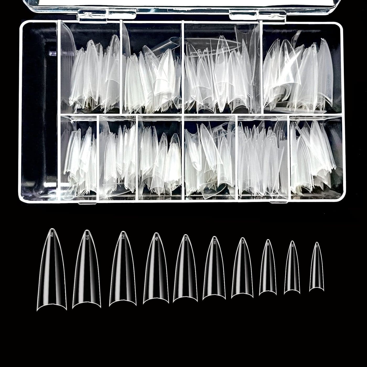 VIVACE Clear Long Stiletto 500pcs Artificial Fake Gel Nail Tips10 Sizes With Clear Plastic Case For Nail Salon