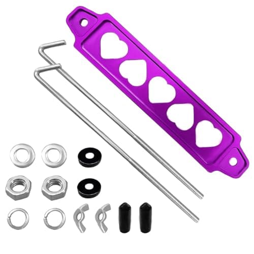 Car Battery Hold Down Bracket Set Aluminium Alloy Car Battery Tray with Stainless Steel J Bolts Car Battery Tie Down Mount Bracket Universal Car Battery Lock Down Accessories Purple
