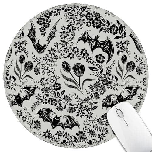 Hancynir Goth Bat Floral Mouse Pad for Desk, Gothic Small Cute Mousepad with Non-Slip Base, Round Mouse Pads for Wireless Mouse Laptop Gaming, Computer Mouse Mat for Office Decor Desk Accessories