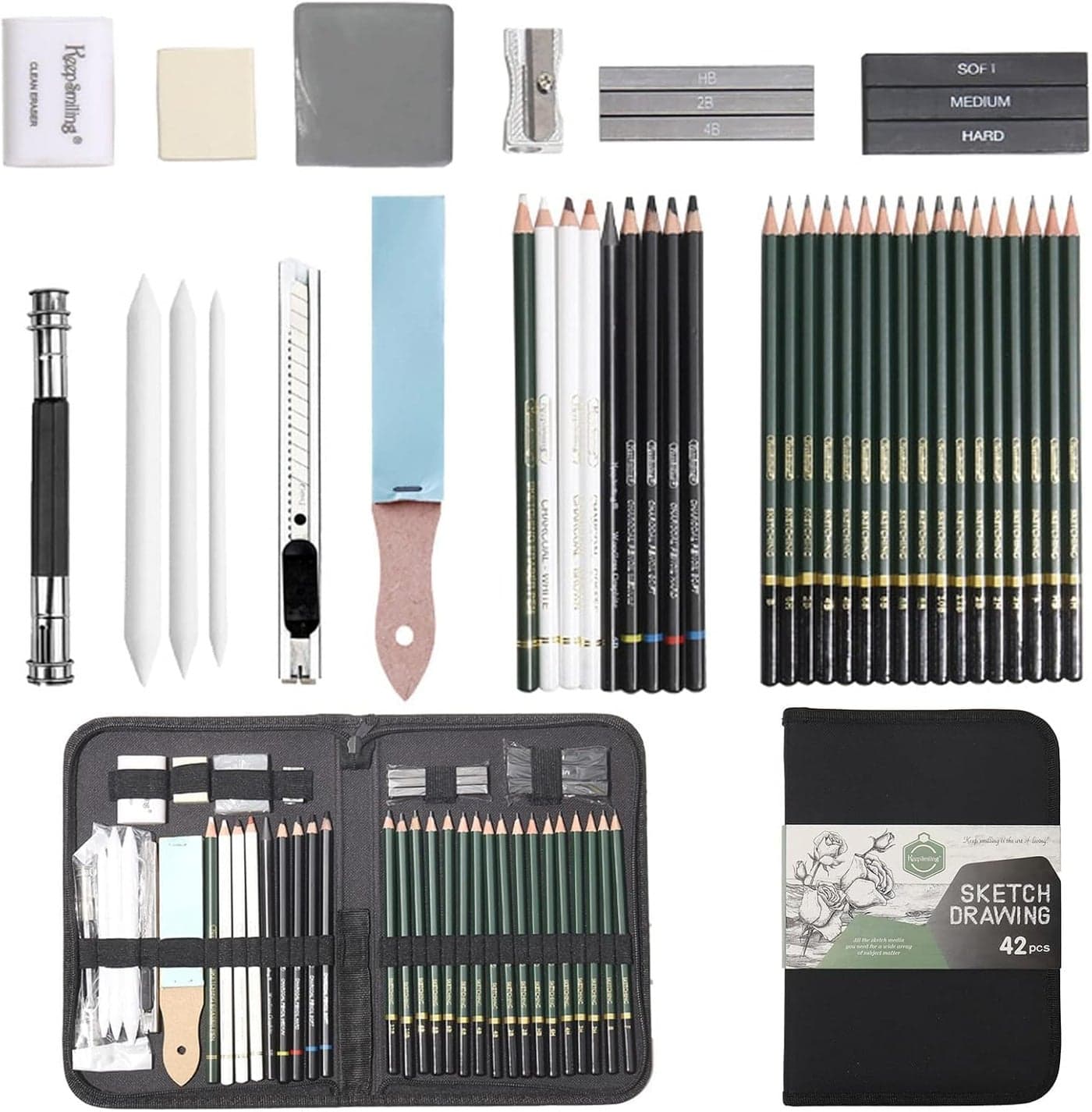 Brille Bee Sketching Set 42 Pieces for Drawing Pencils Sketching Kit for Artists Potrait Professional Graphite Hb Drawing Graphics Set for Sketches Shading Charcoal Stationary for Beginners