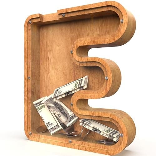 Piggy Bank for Kids Boys Girls Large Personalized Wooden Letter Piggy Bank with CutOut Design Alphabet Letter Coin Banks Money Savings Box Wooden Bank for Kids Creative Gift for RealMoneyE
