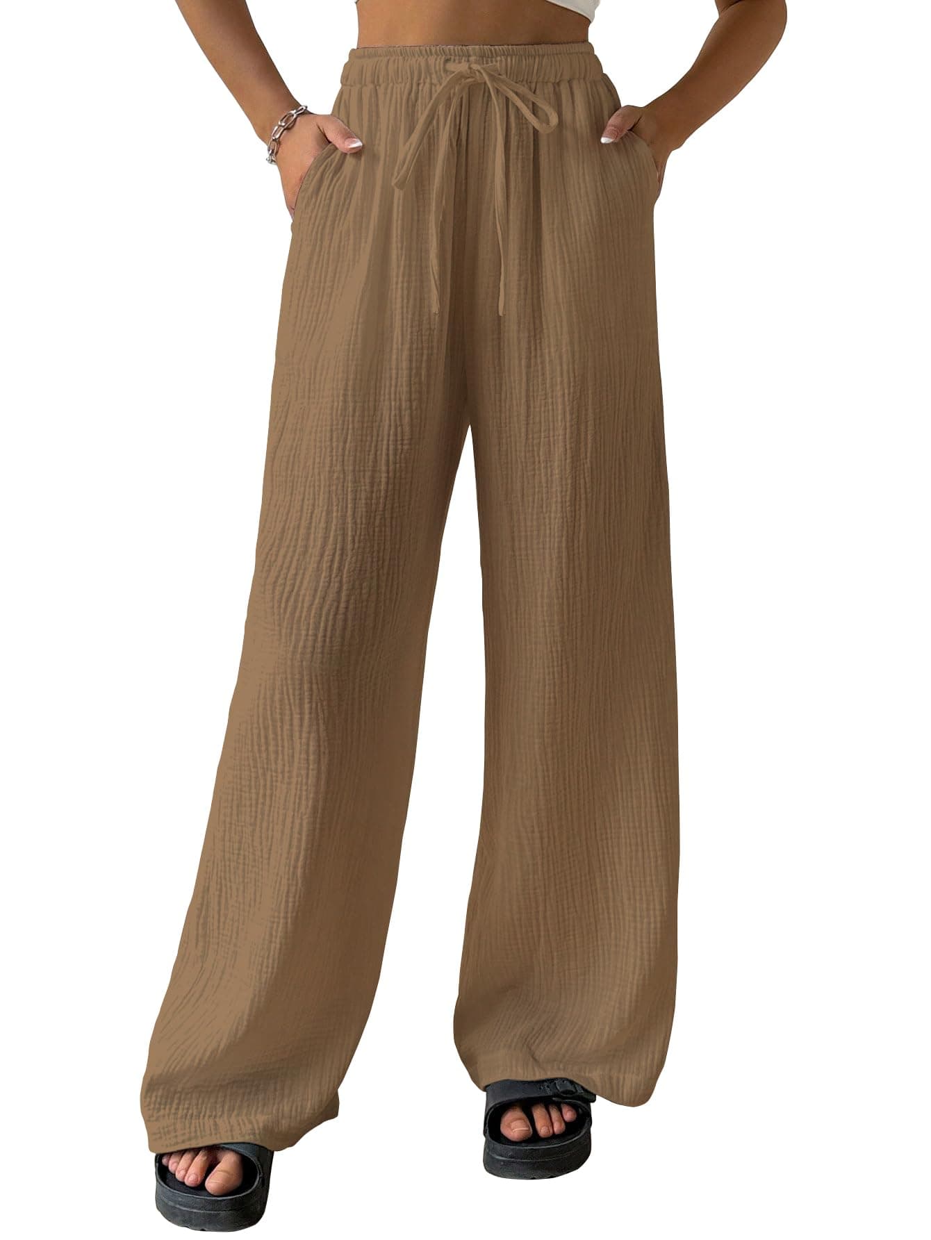 Shasmi Women's Trousers | Wide Leg Casual Pants Featuring a Relaxed Silhouette | Secure fit for All-Day wear | Convenient Side Pockets | Straight-Leg Cut | Elegant Premium Design (157 Brown-L)