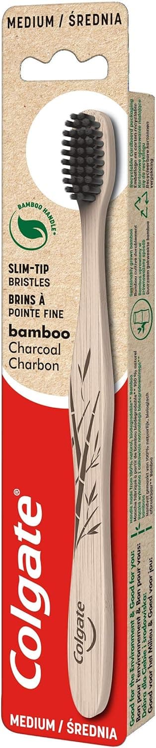 COLGATE Bamboo Toothbrush with Charcoal Infused Strands Medium Toothbrush Handle Made from Biodegradable Bamboo 100 Natural Promotes Good Oral Health