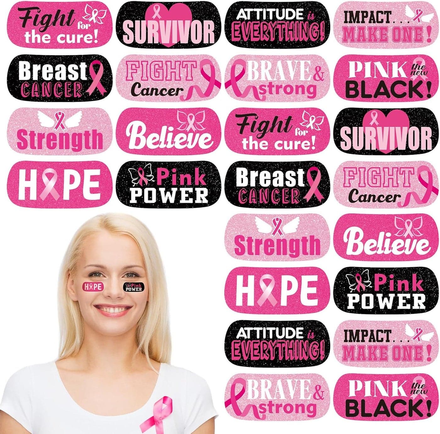 Landhoow 240 Pcs Pink Ribbon Breast Cancer Awareness Face Tattoos Stickers Bulk Ribbon Temporary Tattoo Glitter Eye Body Tattoo Stickers and Decals for Cancer Awareness Party Supply