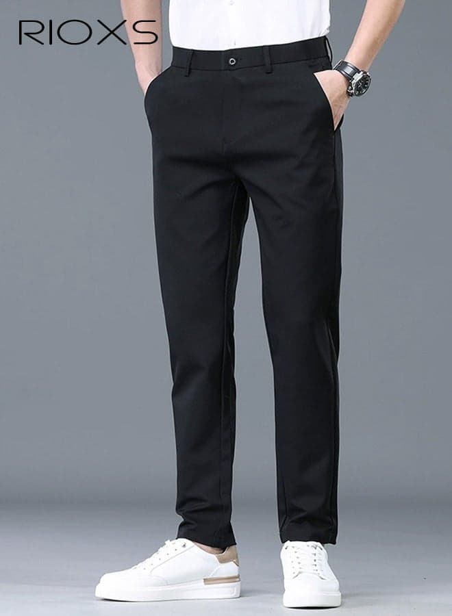Men's Dress Pants, Casual Slim Fit Formal Pants for Men, Beathable Wrinkle Free Men's Business Pants with Pockets, Comfort Stretch Expandable Waist Suit Pants Golf Pants for Work, Meeting, Dating, Prom, Wedding and More, Black