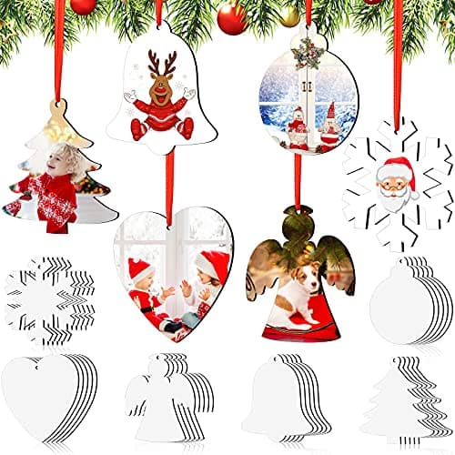 Blulu 30 Pieces Christmas Sublimation Ornament Blanks Sublimation Double Sided MDF Heat Transfer Blanks White Christmas Personalized Hanging Pendants with Red Ribbon for Craft DIYMulti Styles