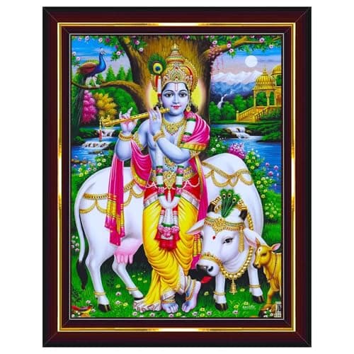 Pavan Photo Laminations Lord Gopala Krishna Murali Gopal Cow Calf Wall Painting Framed Home Decor (Wood,Acrylic,Brown,Small Size,6x8 Inch) B683S