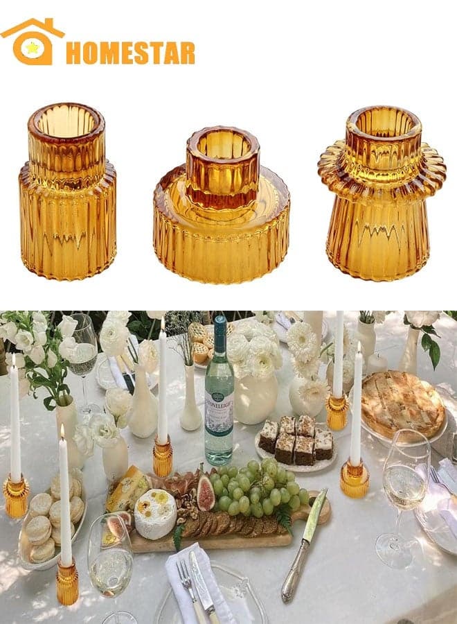 3 Pcs Glass Candlestick Holders, Tealight Candle Holders for Table Centerpieces, Wedding Decor and Dinner Party, Orange