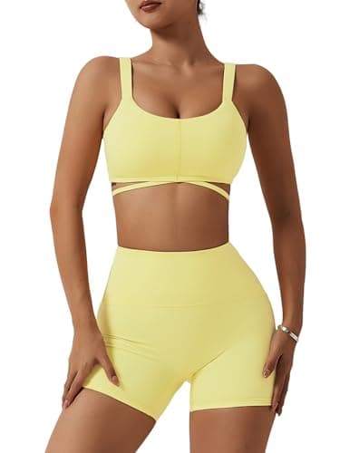 ABOCIW Workout Sets for Women Strappy Sports Bra High Waist Workout Shorts 2 Piece Gym Set Fitness Yoga Outfits Y-Yellow Medium