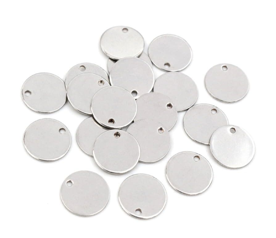 Myuiao 100 Pcs Stainless Steel Round Blank Tags Stainless Steel Flat Blank Stamping Tags Small Round Metal Tags Blank Pendant Charms with Hole for Necklace Bracelet Jewelry Making 10mm