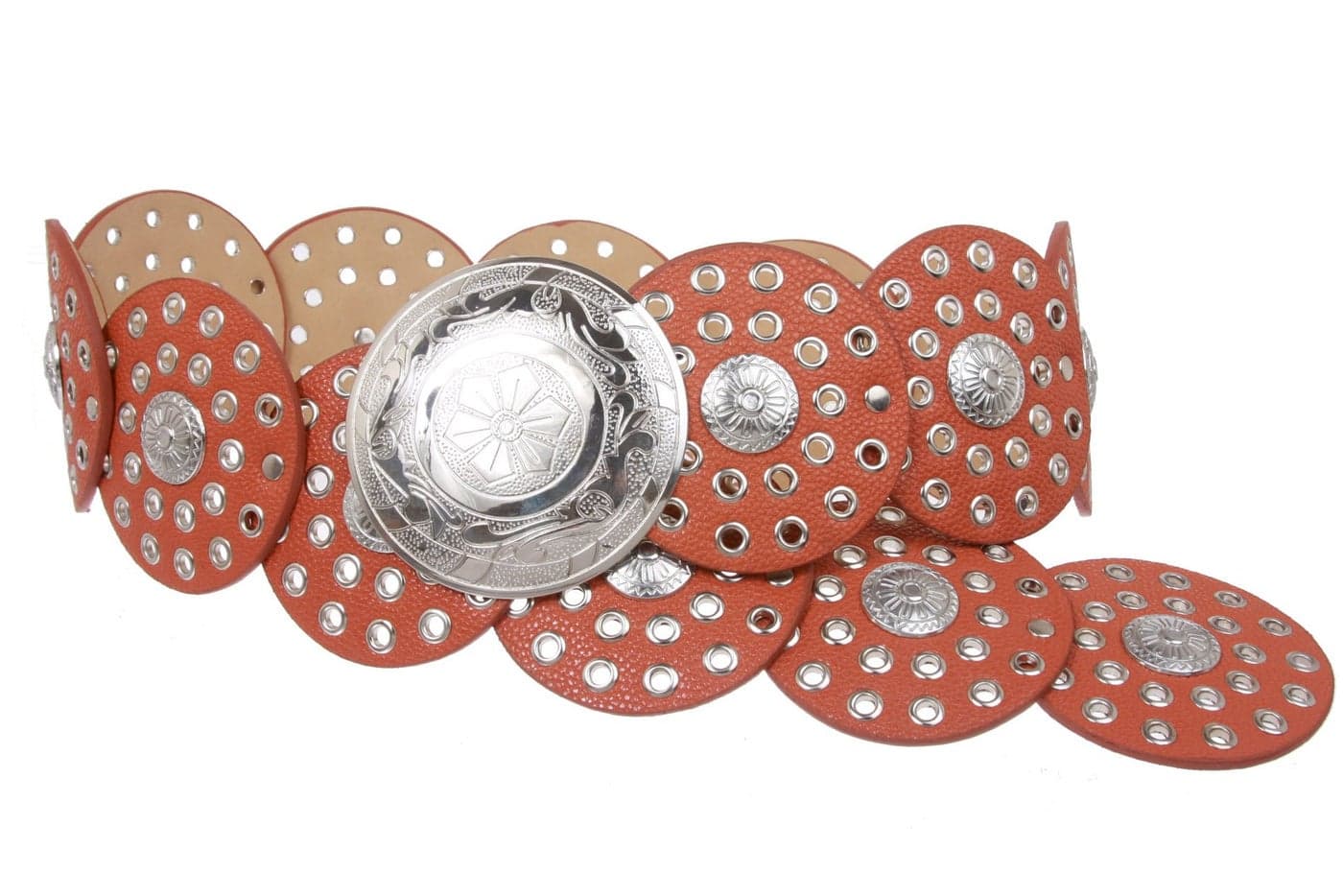 Women's 3 1/2" (90 mm) Wide Boho Disc Concho Leather Belt, Orange | m - 42" (107 cm) end-to-end