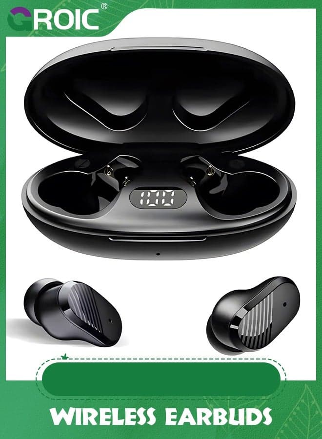 Black True Wireless Invisible Earbuds, Sleep Headphones with Microphone for iPhone Android Phone, USB-C Charge, IPX5 Waterproof, Touch Control, Small Bluetooth Ear Buds for Commute Sports