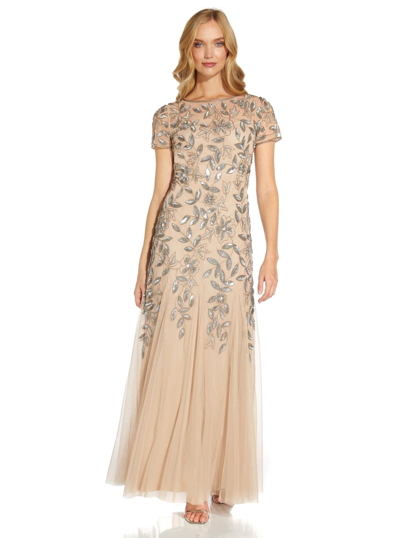 Adrianna Papell Women's Floral Beaded Godet Gown, Taupe/Pink, 16